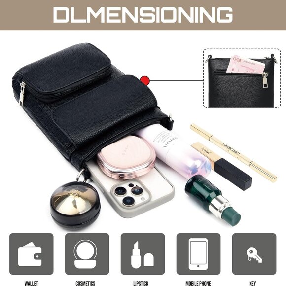 Small Leather Crossbody Bag for Women Multiple Pockets Compact Phone Purse - Picture 3 of 8
